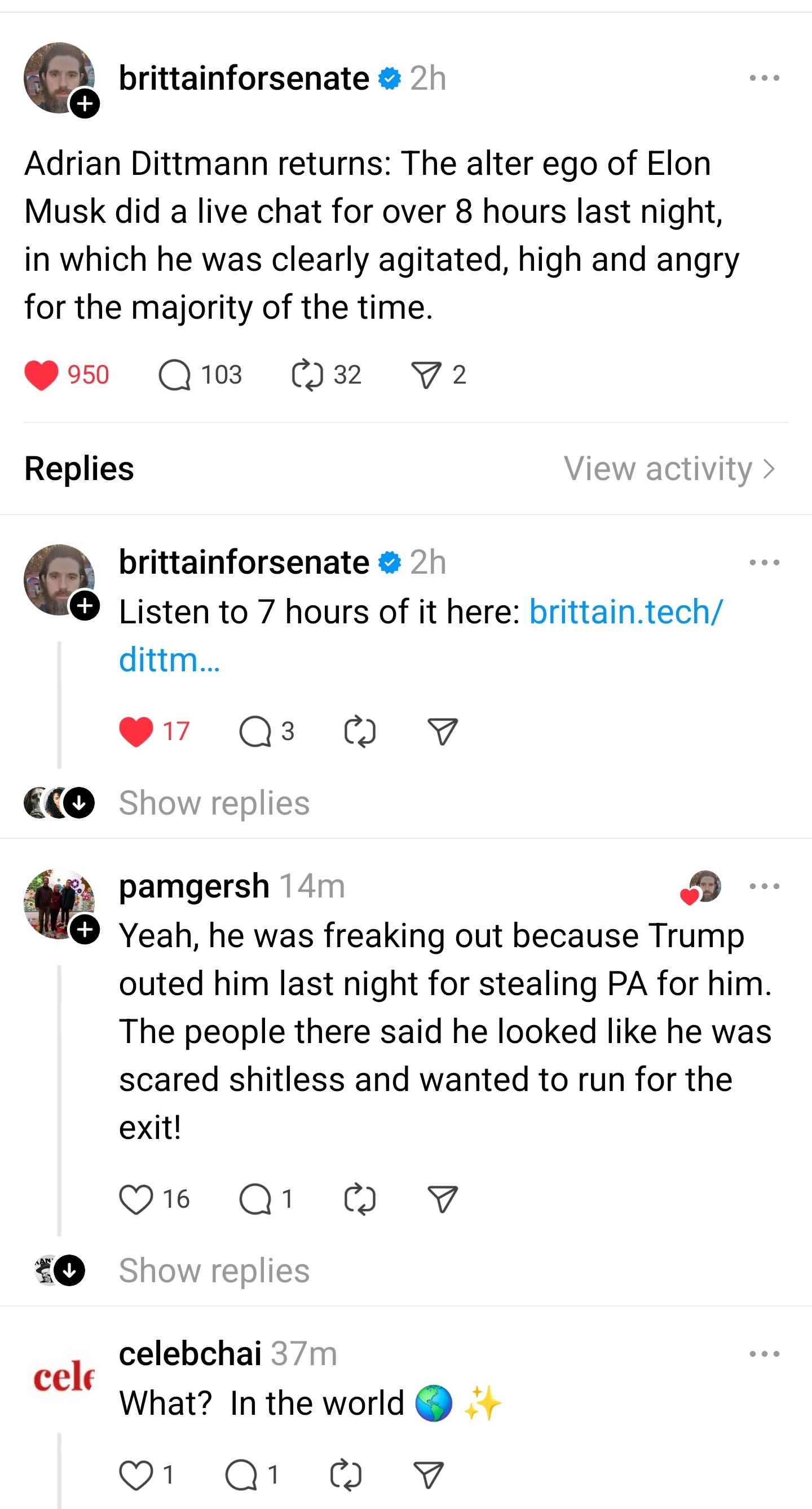 A screenshot from an 8-hour live chat featuring Adrian Dittmann, rumored to be Elon Musk’s alter ego. The image captures a moment of erratic behavior, fueling speculation about his mental state and alleged political connections.