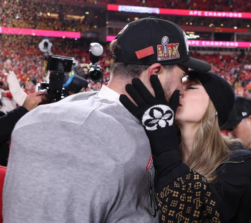 An image of Taylor Swift and Travis Kelce sharing a celebratory moment at an NFL game, highlighting the crossover between entertainment and sports.