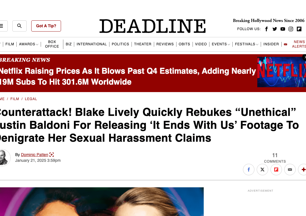A chart comparing Blake Lively's lawsuit evidence against Justin Baldoni's PR-driven narratives, focusing on on-set misconduct, marketing disputes, and retaliation campaigns. Text elements highlight discrepancies, timelines, and credibility of both side
