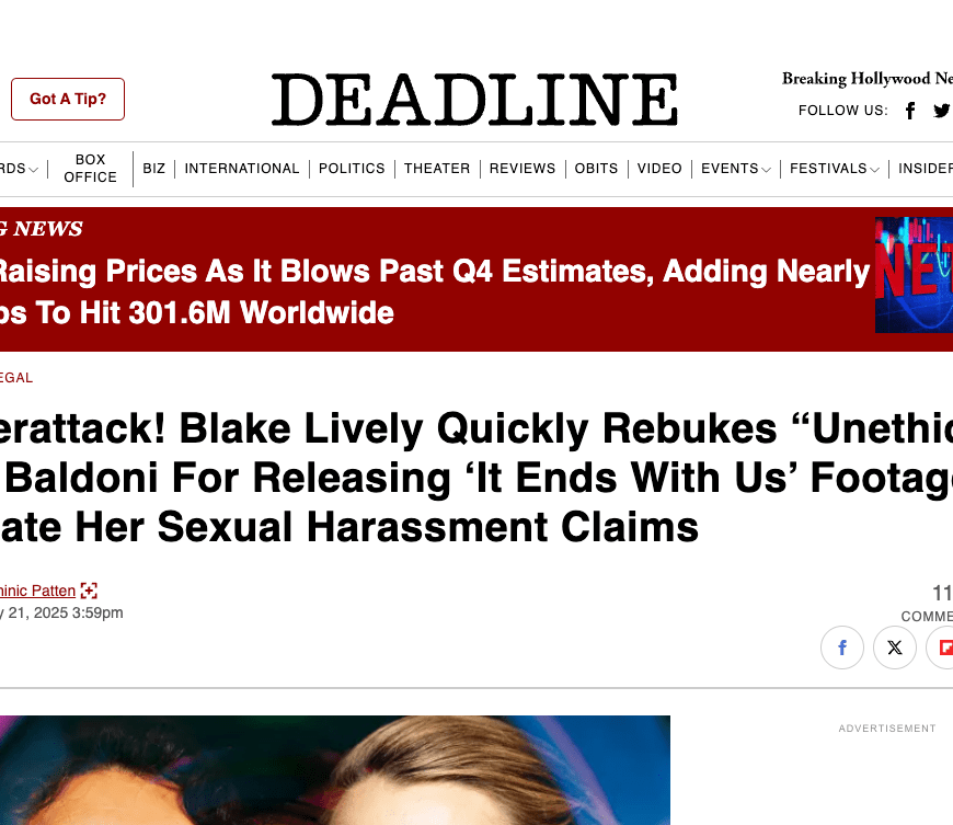 A chart comparing Blake Lively's lawsuit evidence against Justin Baldoni's PR-driven narratives, focusing on on-set misconduct, marketing disputes, and retaliation campaigns. Text elements highlight discrepancies, timelines, and credibility of both side