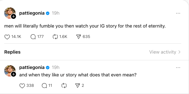 A digital collage of a woman looking at her phone with a mix of amusement and disappointment, symbolizing the experience of noticing an ex lurking online. The overlay text reads: “They always come back.”