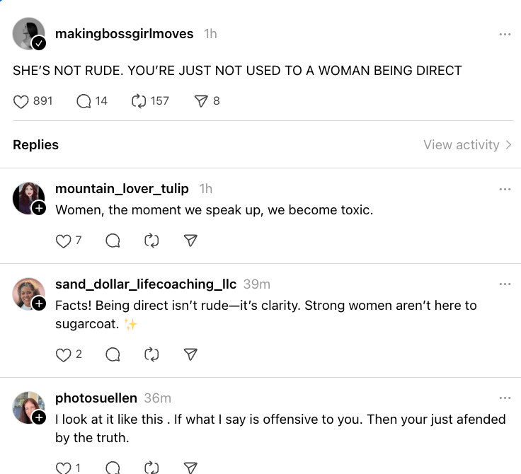 A confident woman speaking in a meeting while others look surprised, symbolizing the misconception of direct women being "rude."