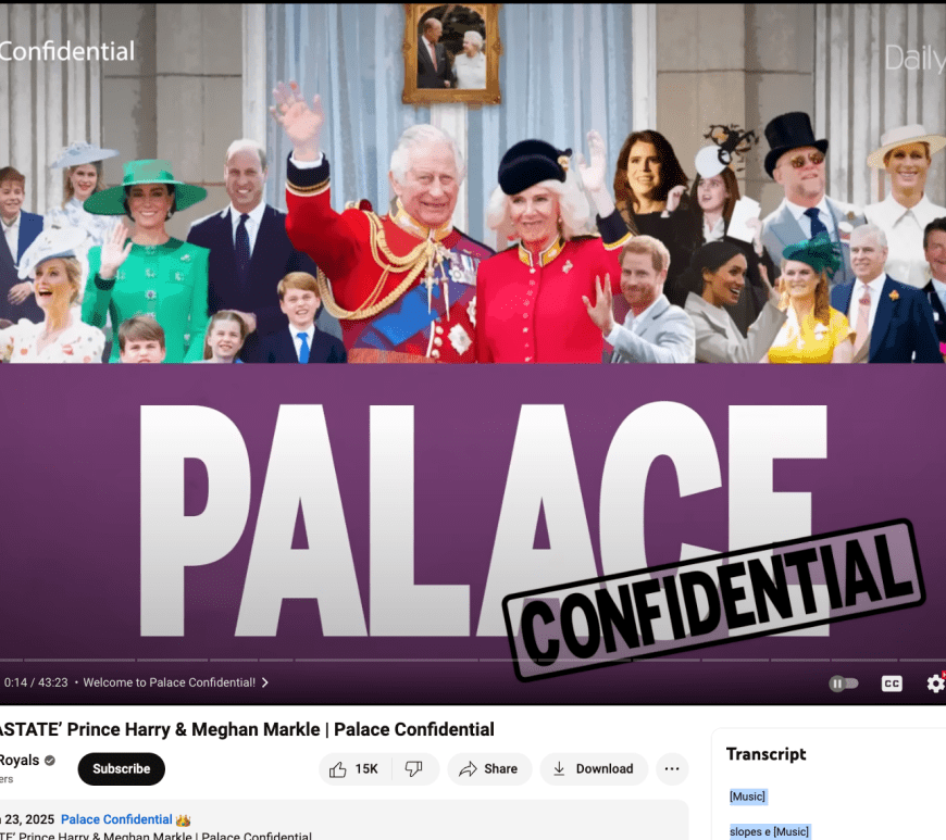 A split image of Prince Harry looking serious, Meghan Markle appearing concerned, and King Charles in formal attire. Includes an inset of Donald Trump with a diplomatic handshake, symbolizing political ties.