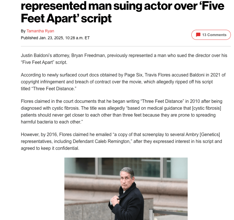 A legal document highlighting the lawsuit filed by writer Travis Flores against director Justin Baldoni for alleged copyright infringement over the film Five Feet Apart. The case centers around Flores' screenplay, Three Feet Distance, which he claimed was stolen.