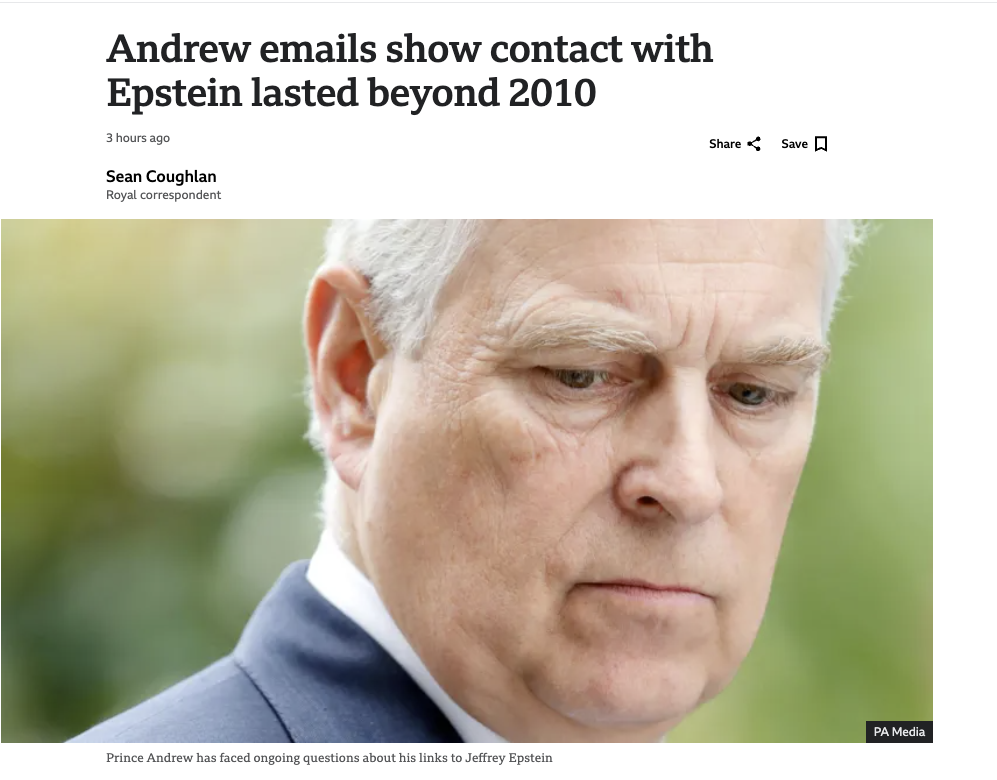 Prince Andrew's Emails Reveal He Lied About Epstein Ties,” with an image of Prince Andrew and Jeffrey Epstein together, contrasted with an image of Meghan Markle being hounded by the press.