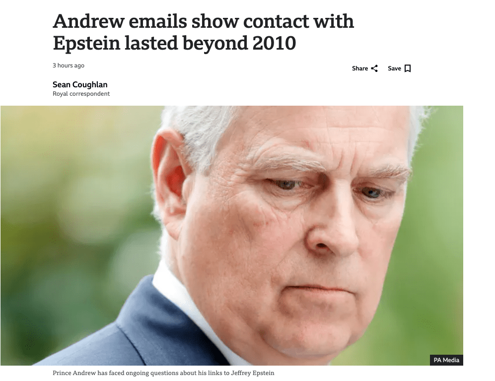 Prince Andrew's Emails Reveal He Lied About Epstein Ties,” with an image of Prince Andrew and Jeffrey Epstein together, contrasted with an image of Meghan Markle being hounded by the press.