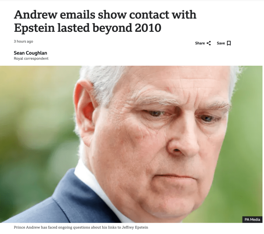 Prince Andrew's Emails Reveal He Lied About Epstein Ties,” with an image of Prince Andrew and Jeffrey Epstein together, contrasted with an image of Meghan Markle being hounded by the press.