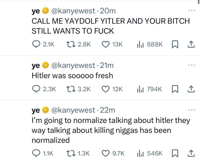 1/ Kanye West’s latest statements have once again stirred controversy. His past rhetoric, particularly his antisemitic remarks, has real-world consequences. 🧵

2/ Mental health struggles are real, but they do not absolve individuals from the impact of their words. Hate speech emboldens extremists, making communities feel unsafe.

3/ Jewish communities have reported increased security concerns due to Kanye’s rhetoric. His words aren’t just controversial—they contribute to rising threats.

4/ The role of social media in amplifying his voice is crucial. Despite previous bans, platforms continue to give him space, prioritizing engagement over safety.

5/ Figures like Trump and Musk have openly supported him. This raises concerns about who is given a platform and why. If free speech is truly the goal, why is it often used to defend harmful rhetoric?

6/ Accountability should not be selective. If Kanye’s words targeted other groups, would the response be different? Society must reflect on these inconsistencies.

7/ Where do we draw the line? At what point does allowing harmful speech turn into complicity? His influence is undeniable, and so are the consequences of his words.

8/ This isn’t just about Kanye—it’s about a broader cultural conversation. When public figures incite harm, how should we respond?