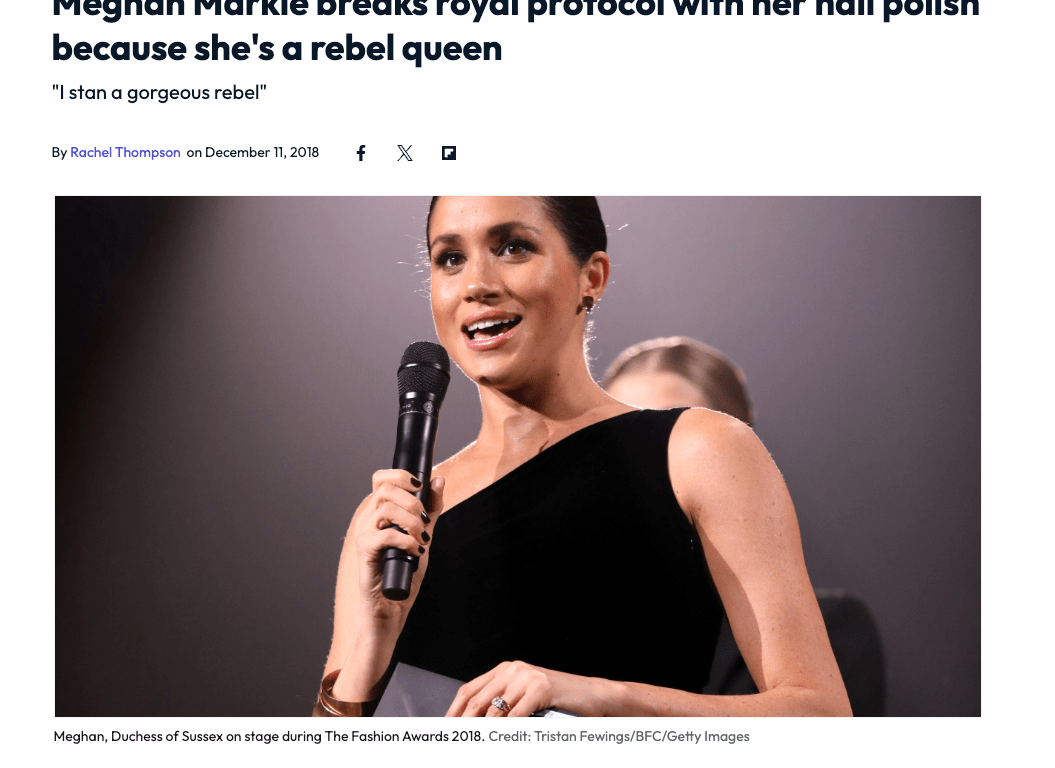 Meghan Markle at the 2018 British Fashion Awards, wearing a one-shoulder black gown and dark nail polish, a choice that sparked controversy for allegedly breaking royal tradition.