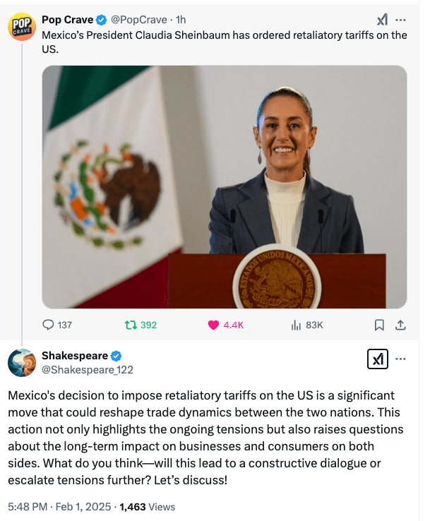 Image discussing the impact of President Trump's tariffs on Mexico, Canada, and China, showing the economic burden on working-class Americans, particularly in Republican states.