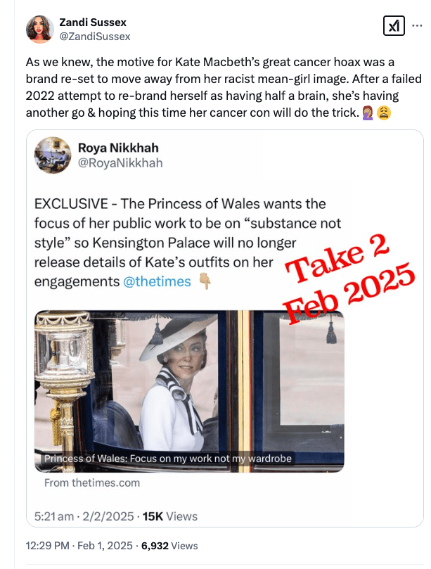 The discussion on Twitter revolves around criticisms and gossip about Kate Middleton. Users express skepticism about her substance, questioning her public work and rebranding efforts. Many claim she lacks meaningful contributions, with some mocking her public appearances and the outfits she wears. Users also mention her actions being superficial, like a lack of substance and repetitive rebranding. The tone reflects frustration, particularly with her being in the spotlight, while others draw comparisons to Meghan Markle, stating that her actions and investments lack genuine significance.

There are also mentions of her taxpayer-funded wardrobe, with users debating whether her appearances justify the money spent. Some users speculate about past events, like her relationship with Thomas Kingston and criticize her for not having a clear, impactful role. Overall, the conversation critiques her public persona and questioning the authenticity of her efforts in the public eye.