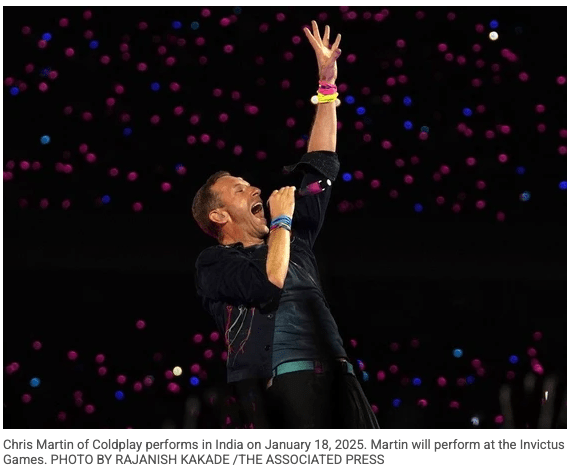 Chris Martin performs at the Invictus Games opening ceremony, sharing a humorous phone call with Prince Harry and honoring his leadership.