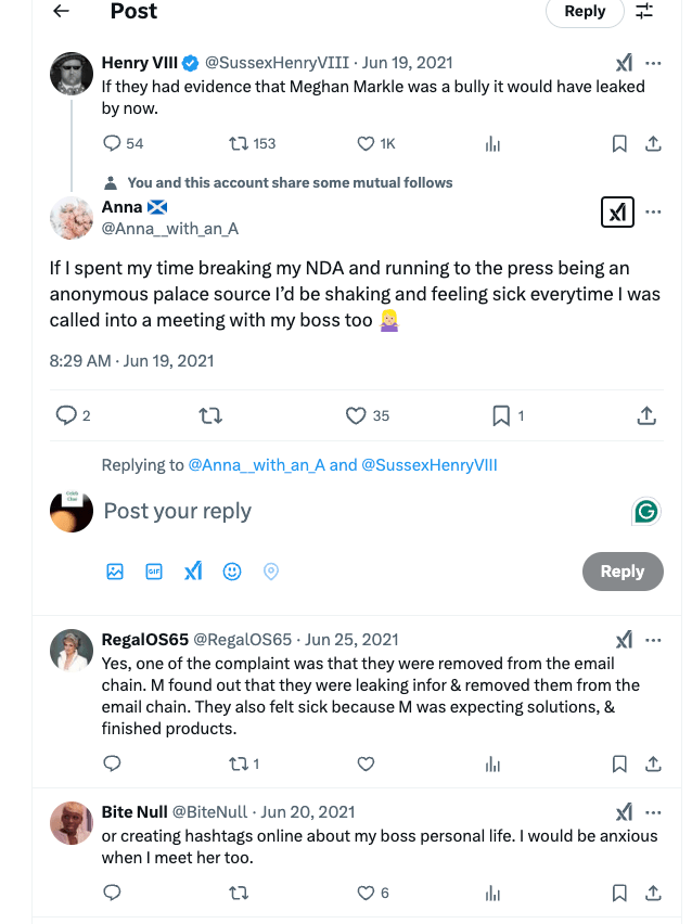 The tweet from @Anna__with_an_A is likely a sarcastic comment criticizing the anonymous palace staff members who allegedly accused Meghan Markle of bullying. The user implies that if those staff members were secretly leaking information to the press while still working under Meghan, they would naturally feel anxious or fearful whenever they had meetings with her or their superiors. In other words, their nervousness could stem from their own actions (breaking NDAs and leaking to the media) rather than any bullying on Meghan’s part. It suggests skepticism about the claims against Meghan and points out a possible ulterior motive behind the accusations.