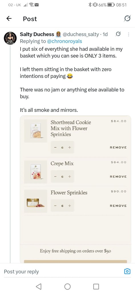 Screenshot of tweet by user @duchess_salty showing her online shopping cart from Meghan Markle’s As Ever website, with a mocking caption claiming she added items without purchasing them.

